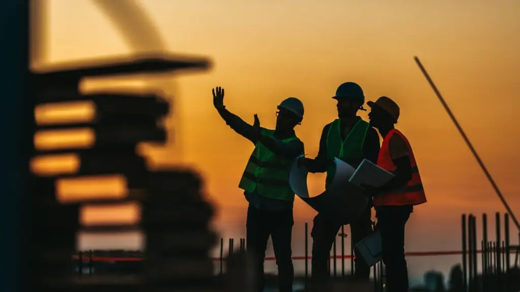 Trois hommes sur un chantier au coucher du soleil