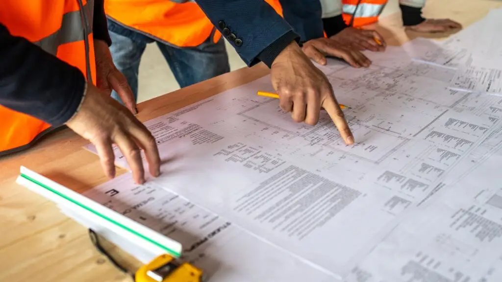 Des mains sur un document de chantier